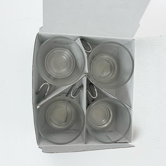 Expreso Cups Set of 4 3.5oz Cups Bormioli Rocco Brand Clear Glass Silver Handles - Picture 3 of 10
